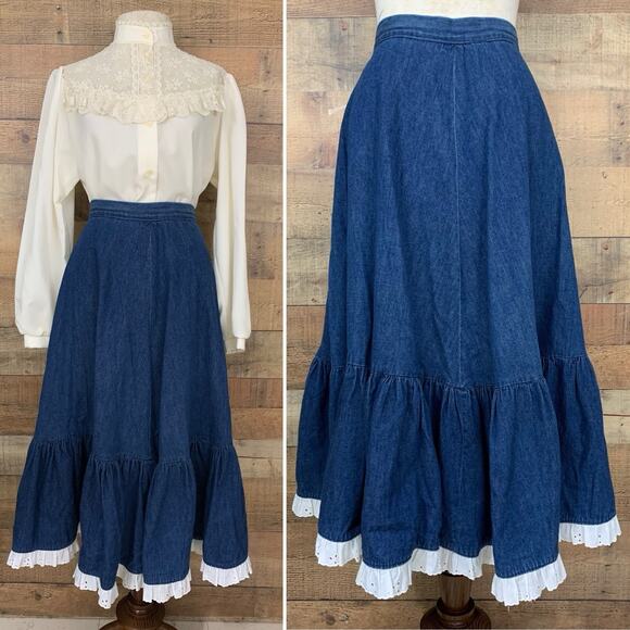 Vintage 1970’s Prairie Boho Western Denim Ruffled Maxi Skirt Waist 25” - Picture 1 of 5